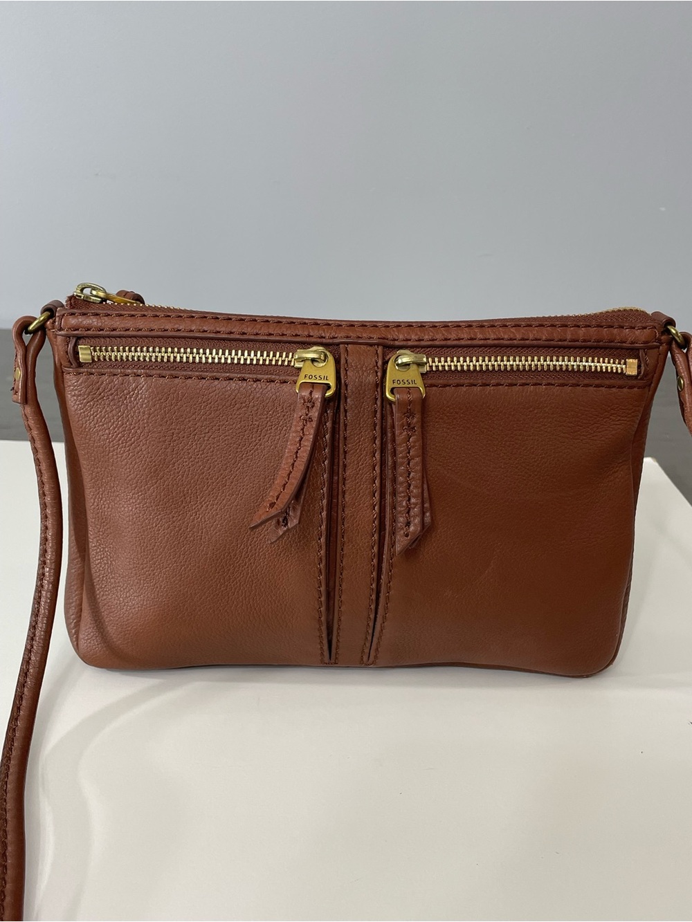 Fossil Chestnut Brown Leather Crossbody with Gold Zippers